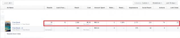 Facebook Ad Result of My First Testing Ad Report Ad 1